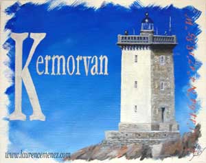 Phare de Kermorvan sur fond bleu, peinture à l'huile sur toile, Laurence Menez Artiste-peintre