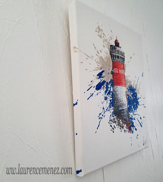 Phare de Pierres Noires entouré d'éclaboussures de peintures rouges et bleues sur fond blanc, peinture à l'huile sur toile, Laurence Menez Artiste-peintre