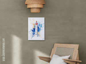 Phare de Saint-Mathieu entouré d'éclaboussures de peintures jaunes et bleues sur fond blanc, peinture à l'huile sur toile, Laurence Menez Artiste-peintre