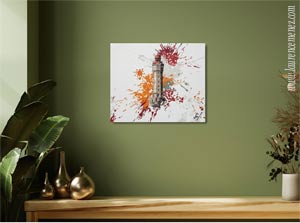 Phare de la Jument entouré d'éclaboussures de peintures rouges, oranges et beiges sur fond blanc, peinture à l'huile sur toile, Laurence Menez Artiste-peintre