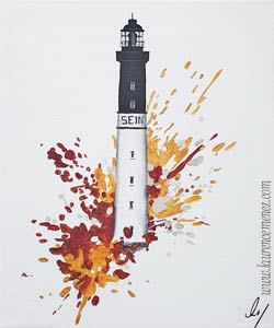 Phare de Sein, éclaboussures de peintures rouges et oranges sur fond blanc, peinture à l'huile sur toile, Laurence Menez Artiste-peintre