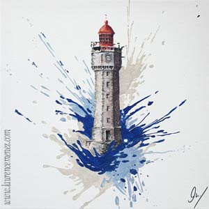 Phare de la Jument entouré d'éclaboussures de peintures bleues et beiges sur fond blanc, peinture à l'huile sur toile, Laurence Menez Artiste-peintre