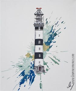 Phare du Creac'h entouré d'éclaboussures de peintures vertes sur fond blanc, peinture à l'huile sur toile, Laurence Menez Artiste-peintre