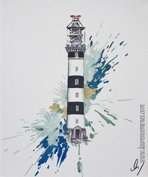 Phare  du Creac'h entouré d'éclaboussures de peintures vertes sur fond blanc, peinture à l'huile sur toile, Laurence Menez Artiste-peintre