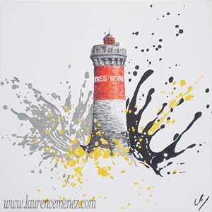 Phare de Pierres Noires entouré d'éclaboussures de peintures jaunes, noires et grises sur fond blanc, peinture à l'huile sur toile, Laurence Menez Artiste-peintre