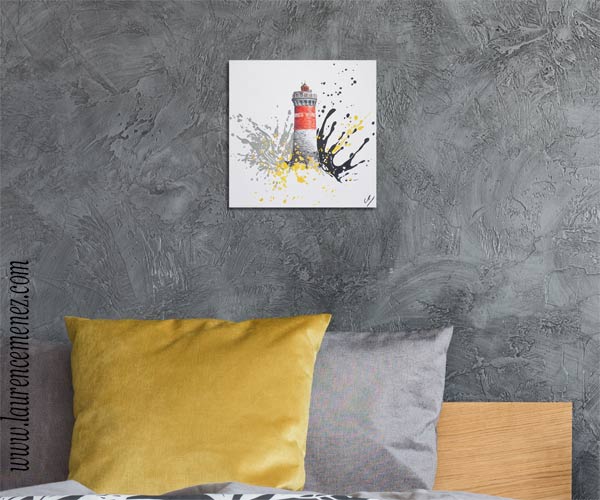 Phare de Pierres Noires entouré d'éclaboussures de peintures jaunes, noires et grisess sur fond blanc, peinture à l'huile sur toile, Laurence Menez Artiste-peintre