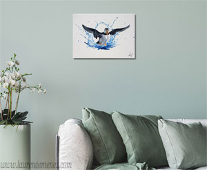 Macareux et éclaboussure d'eau, peinture à l'huile sur toile, Laurence Menez Artiste-peintre