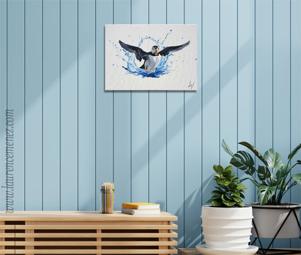 Macareux et éclaboussure d'eau, peinture à l'huile sur toile, Laurence Menez Artiste-peintre