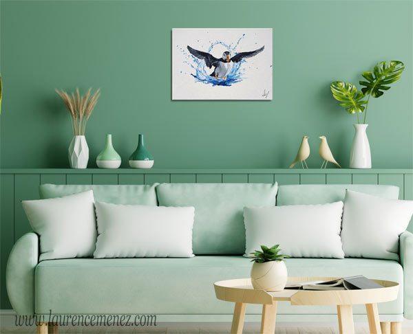 Macareux et éclaboussure d'eau, peinture à l'huile sur toile, Laurence Menez Artiste-peintre