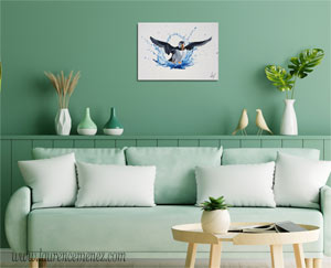 Macareux et éclaboussure d'eau, peinture à l'huile sur toile, Laurence Menez Artiste-peintre