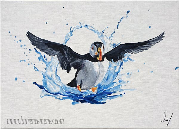 Macareux et éclaboussure d'eau, peinture à l'huile sur toile, Laurence Menez Artiste-peintre