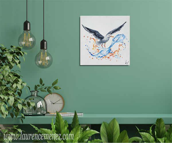 Goéland avec éclaboussures d'eaux orangées et bleues, peinture à l'huile sur toile, Laurence Menez Artiste-peintre