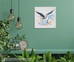 Goéland avec éclaboussures d'eaux orangées et bleues, peinture à l'huile sur toile, Laurence Menez Artiste-peintre