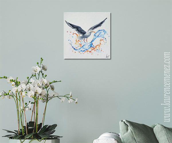 Goéland avec éclaboussures d'eaux orangées et bleues, peinture à l'huile sur toile, Laurence Menez Artiste-peintre