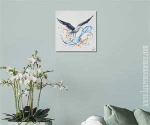 Goéland avec éclaboussures d'eaux orangées et bleues, peinture à l'huile sur toile, Laurence Menez Artiste-peintre