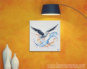 Goéland avec éclaboussures d'eaux orangées et bleues, peinture à l'huile sur toile, Laurence Menez Artiste-peintre