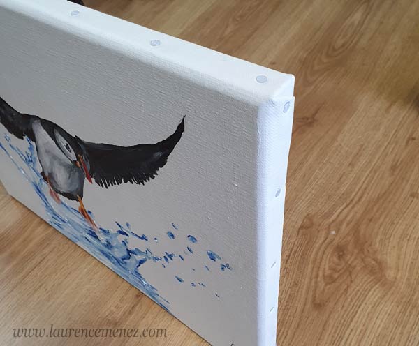 Macareux et éclaboussure d'eau, peinture à l'huile sur toile, Laurence Menez Artiste-peintre