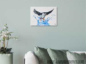 Macareux et éclaboussure d'eau, peinture à l'huile sur toile, Laurence Menez Artiste-peintre