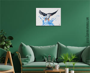 Macareux et éclaboussure d'eau, peinture à l'huile sur toile, Laurence Menez Artiste-peintre