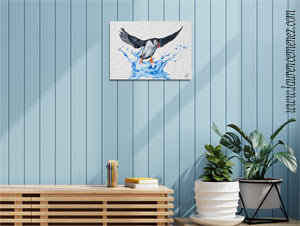 Macareux et éclaboussure d'eau, peinture à l'huile sur toile, Laurence Menez Artiste-peintre