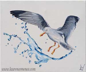 Goéland avec éclaboussures d'eaux, peinture à l'huile sur toile, Laurence Menez Artiste-peintre
