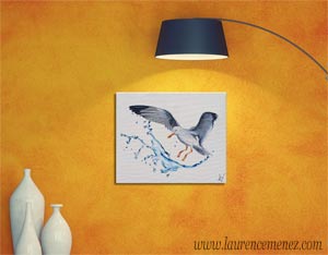 Goéland avec éclaboussures d'eaux, peinture à l'huile sur toile, Laurence Menez Artiste-peintre