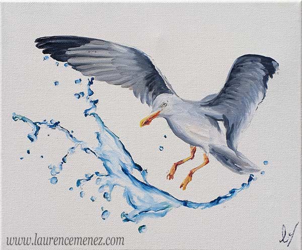 Goéland avec éclaboussures d'eaux, peinture à l'huile sur toile, Laurence Menez Artiste-peintre