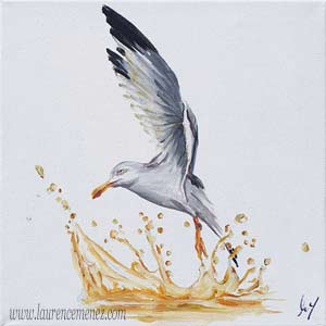 goéland et éclaboussure d'eau, peinture à l'huile sur toile, Laurence Menez Artiste-peintre