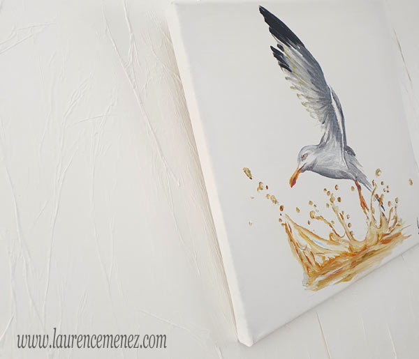 goéland et éclaboussure d'eau, peinture à l'huile sur toile, Laurence Menez Artiste-peintre