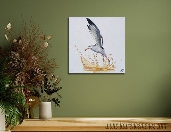 goéland et éclaboussure d'eau, peinture à l'huile sur toile, Laurence Menez Artiste-peintre