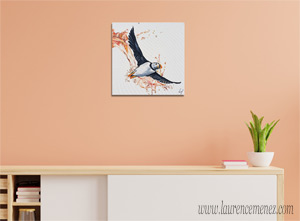 Macareux et éclaboussure d'eau, peinture à l'huile sur toile, Laurence Menez Artiste-peintre