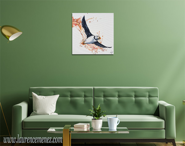 Macareux et éclaboussure d'eau, peinture à l'huile sur toile, Laurence Menez Artiste-peintre
