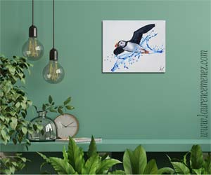 Macareux et éclaboussure d'eau, peinture à l'huile sur toile, Laurence Menez Artiste-peintre