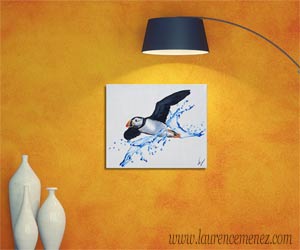 Macareux et éclaboussure d'eau, peinture à l'huile sur toile, Laurence Menez Artiste-peintre