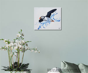 Macareux et éclaboussure d'eau, peinture à l'huile sur toile, Laurence Menez Artiste-peintre